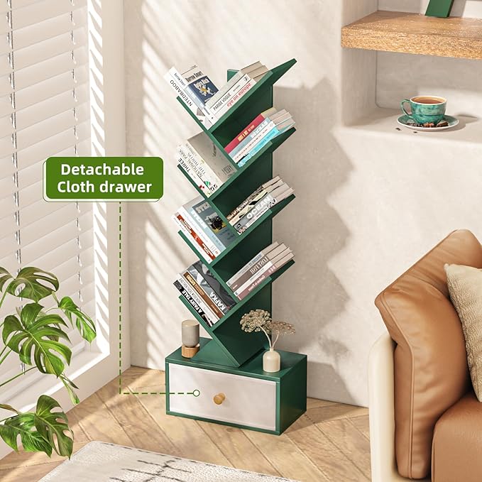 8 Tier Tree Bookshelf with Drawer, Free Standing Wood Green Bookcase for Narrow Space, Storage Organizer Bookshelves for Books, Book Case for Home Office, Living Room, Bedroom