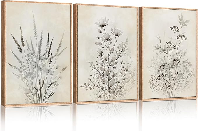 Large Neutral Flower Botanical Framed Canvas Wall Art,Boho Wildflowers Ink Wall Decor,Vintage Bouquet Wall Painting,Nature Artwork for Living Room,Bedroom,Dining Room,Office -16"x24"x3