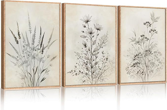 Large Neutral Flower Botanical Framed Canvas Wall Art,Boho Wildflowers Ink Wall Decor,Vintage Bouquet Wall Painting,Nature Artwork for Living Room,Bedroom,Dining Room,Office -16"x24"x3