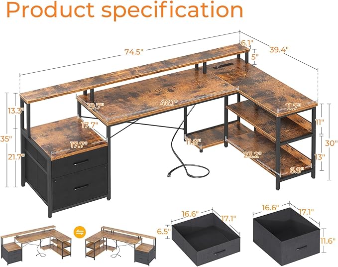 ODK 75" L Shaped Desk with File Drawers, Work from Home Office Desk with Power Outlet, Reversible Computer Desk with Storage Shelves, Gaming Desk with Monitor Shelf, Corner WFM Table, Vintage