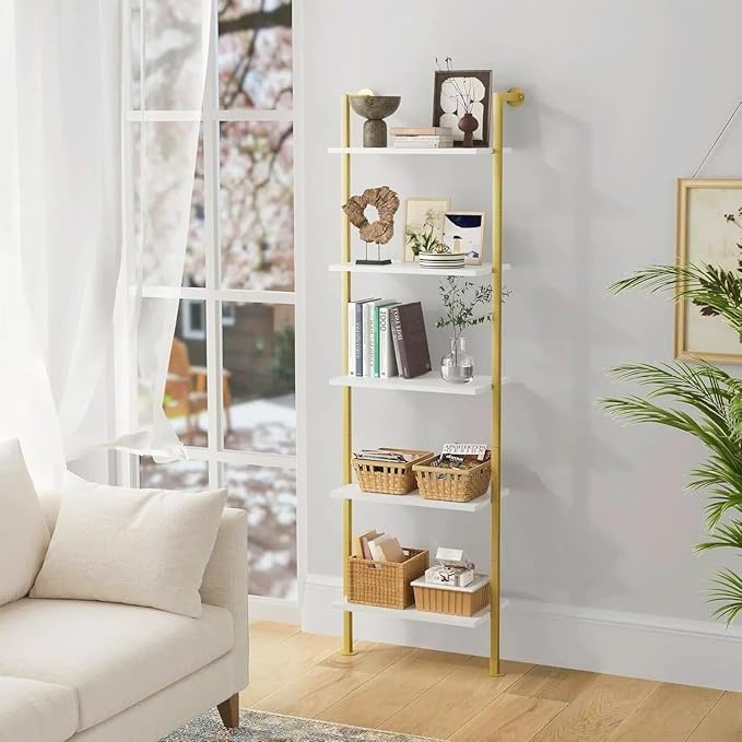 5-Tier Bookshelf Solid Wood Ladder Shelf, Narrow Book Shelf Display Shelf, Wooden Bookcase, Wall Mount Ladder Shelf, Storage Rack for Living Room, Bedroom, Bathroom, White and Gold