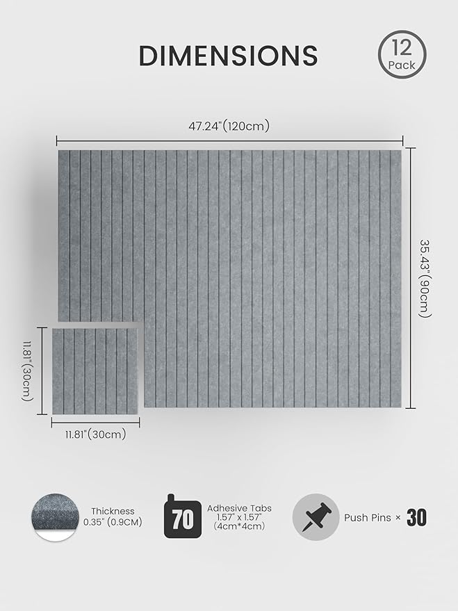 Bumusty Large Cork Board Alternative-48 x 36" Felt Bulletin Board Tiles, with 30 Pushpins, 70 Adhesive Tabs, 12-Pack Slat Wall Paneling, Cork Boards for Office Push Pin Board Felt Board-Blue Gray