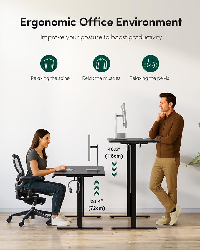 CubiCubi 48 x 24 Large One-Piece Standing Desk, Adjustable Height Electric Computer Home Office Sit Stand up Workstation, with 4 Memory Presets, Headphone Hook, Black