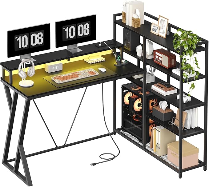 Reversible L Shaped Gaming Desk with Shelves, 52'' L Shaped Computer Desk with Power Outlet and LED Light, Corner Desk with Storage Shelf and Monitor Stand, for Home Office, Black