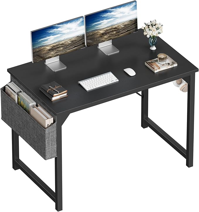 Shahoo Computer Desk, 40 Inch Office Writing Work Table, with Storage Bag and Hook, for Home, Study, Black