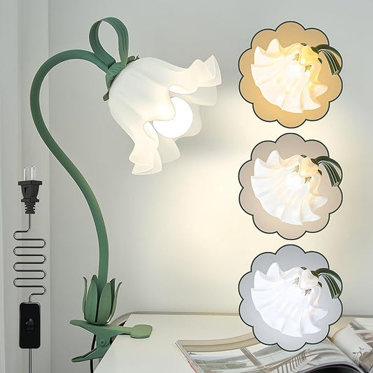 Clip on Light Flower Desk Lamp, LED Reading Light 3 Color Modes Eye-Caring Book Light Flexible Gooseneck Bedside Clip on Lamp for Desk Piano Office Bed Headboard Dorm (Green Lamp)