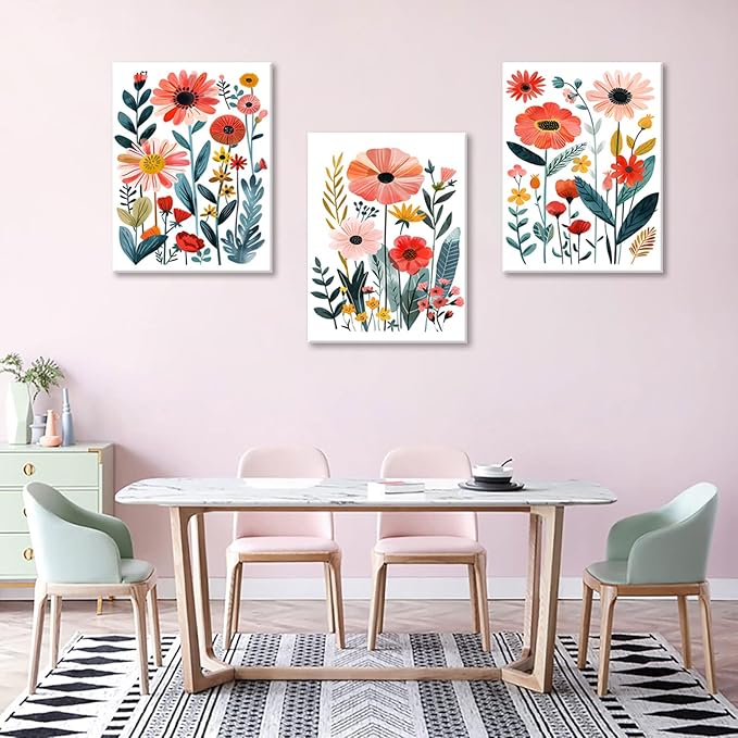 KISSFOX Framed Colorful Wildflower Canvas Wall Art Set Of 3 Flowers Pictures Prints Flowers Printing Floral Watercolors Flower wall Decor Living Room Girls Bedroom Bathroom