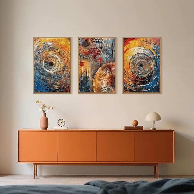 Large Colorful Tree Ring Framed Canvas Wall Art,Modern Tree Stump Wall Decor,Abstract Wood Grain Artwork,Neutral Botanical Annual Ring Art Print for Living Room,Bedroom,Office- 24"x36"x3