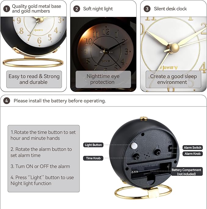 Metal Desk Alarm Clock, Retro Bedroom Table Vintage Analog Silent Non-Ticking Gold Alarm Clock, Bedside Decor(Black)