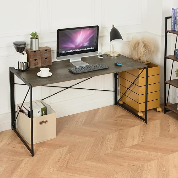 Homy Casa 55.1 Inch Foldable Laptop Desk, Space-Saving Computer Table with No Assembly Required, Sturdy Metal Frame, Minimalist Design for Home Office, Study, or Small Spaces, Vintage Brown