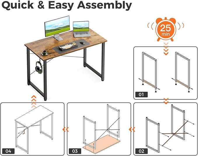 Casaottima 40 Inch Small Computer Desk for Home Office, Study Writing Table for Small Spaces, Simple Modern Desk with Headphone Hooks, Rustic Brown