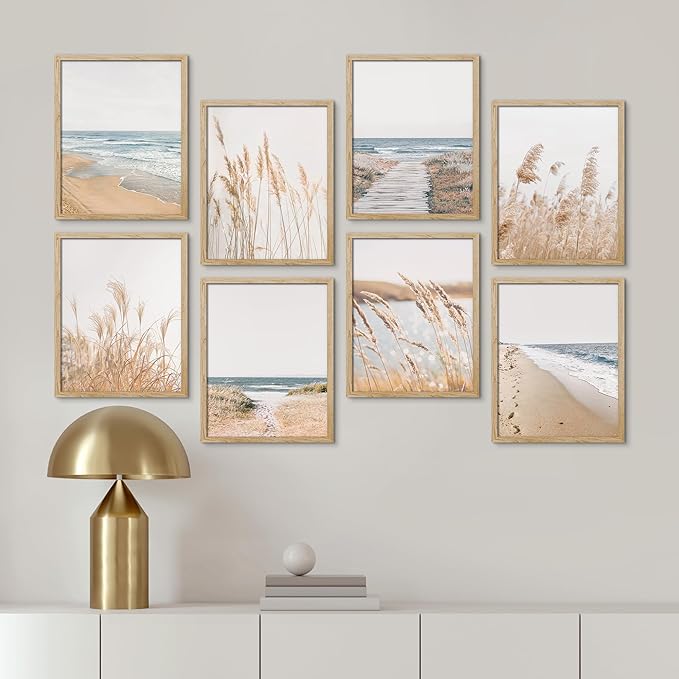 SIGNWIN Framed Poster Wall Art Set of Coastal, Beach Ocean Nature Landscape Prints, Pampas Grass for Living Room, Bedroom, Office - 8"x10"x 8 Natural