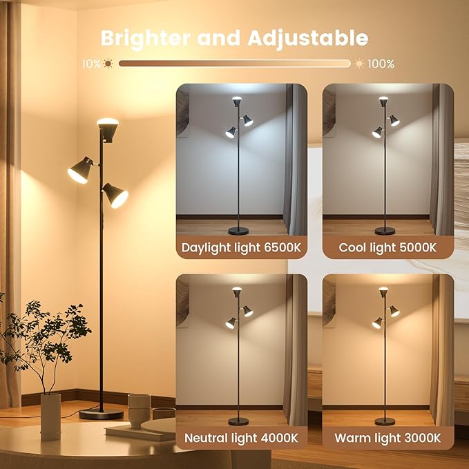 36W LED Tree Floor Lamp, Dimmable Tall Standing Lamp with Remote & Touch Control, 4 Color Temperatures Bright Floor Lamp, 3 Rotatable Light Modern Floor Lamps for Living Room Bedroom Office