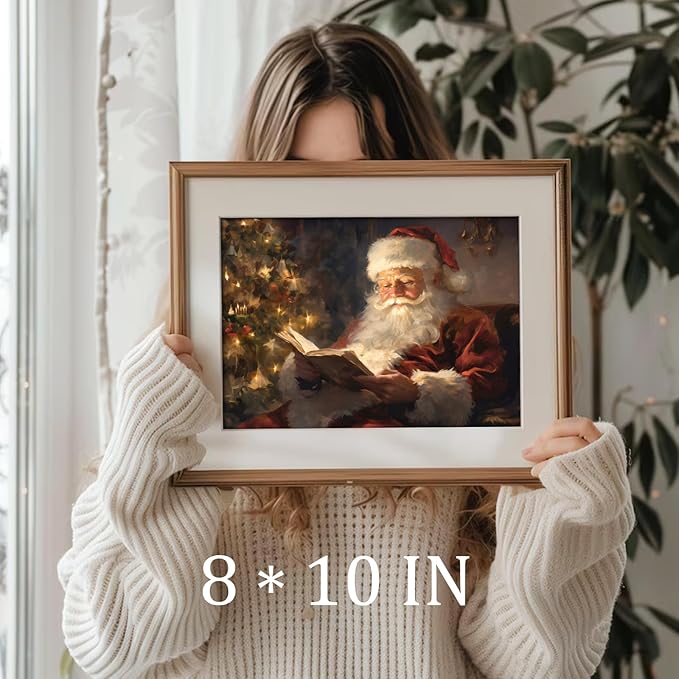 uniro Vintage Christmas Wall Art Santa Reading Book Christmas Oil Painting Printable Art Cottagecore Academia Art Christmas Decor Winter Farmhouse Holiday Wall Decor for Bedroom, Living Room, Gallery, winter Room Decor, Holiday Decoration Gifts( 8" x 1...