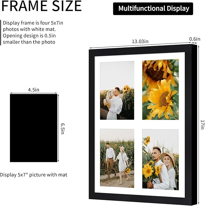 12x16 Picture Frame, 5x7 Collage Picture Frames, Display 4 5x7 Photos with Mat, or 12x16 Picture without Mat, Photo Collage Frame for Wall Decor - Horizontal or Vertical Wall Mounting