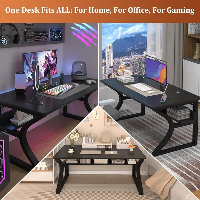 47 inch Computer Desk, Home Office Desk with Storage Shelf, Sturdy U-Shaped Metal Frame Study Table with Cable Management, Gaming Desk for Office & Bedroom