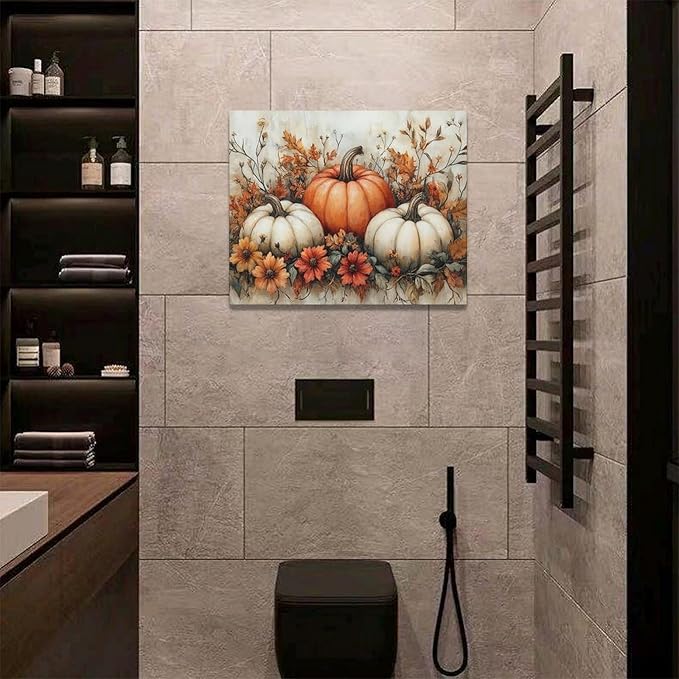 Fall Pumpkin Wall Art Autumn Leaf Pictures Wall Decor Maple Leaves Canvas Painting Modern Artwork Home Decoration for Living Room Bathroom Bedroom Office Framed 20"x16"