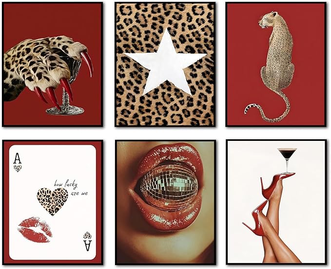 Trendy Leopard Wall Art Poster Set of 6, Red Funky Cheetah Martini Disco Ball Lip Pictures Wall Decor, Fashion Preppy Coquette Paintings Prints for Living Room Bedroom Dorm 8x10 inch Unframed