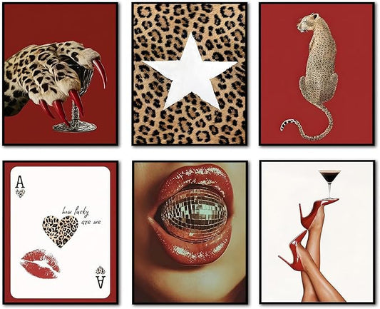 Trendy Leopard Wall Art Poster Set of 6, Red Funky Cheetah Martini Disco Ball Lip Pictures Wall Decor, Fashion Preppy Coquette Paintings Prints for Living Room Bedroom Dorm 8x10 inch Unframed