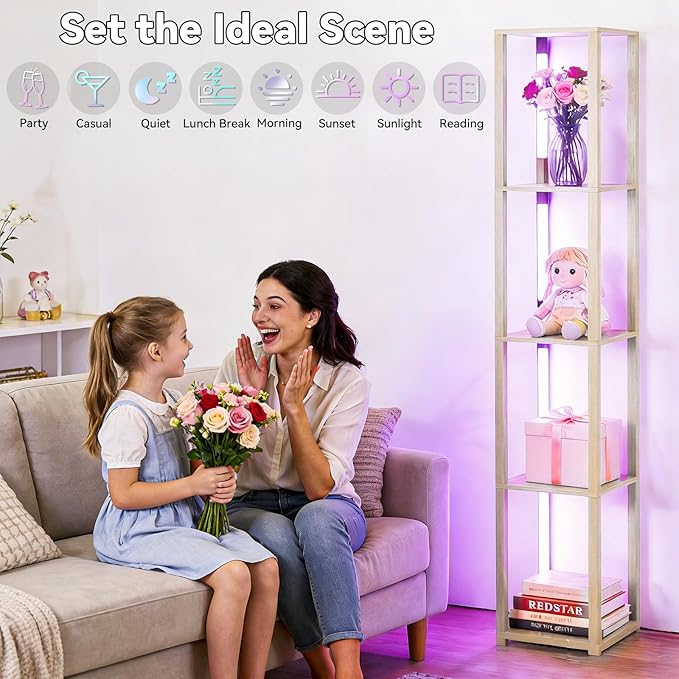RGBCW Floor Lamp with Shelves, Smart Modern Floor Lamp with Music Sync, LED Color Changing Corner Display Shelf Lamp, Tall Lamps for Living Room and Bedroom, Bookshelf Lamp, Whitewashed Oak