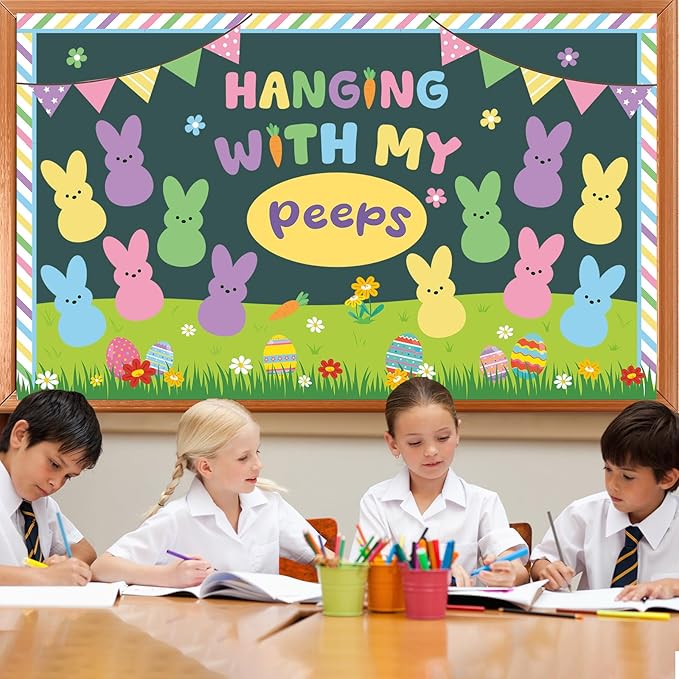 Easter Bulletin Board Set Easter Bunny Classroom Decorations Spring Peeps Bulletin Board Border Colorful Rabbit Eggs Paper Cutouts Home for Happy Easter Party School Classroom Chalkboard Supplies