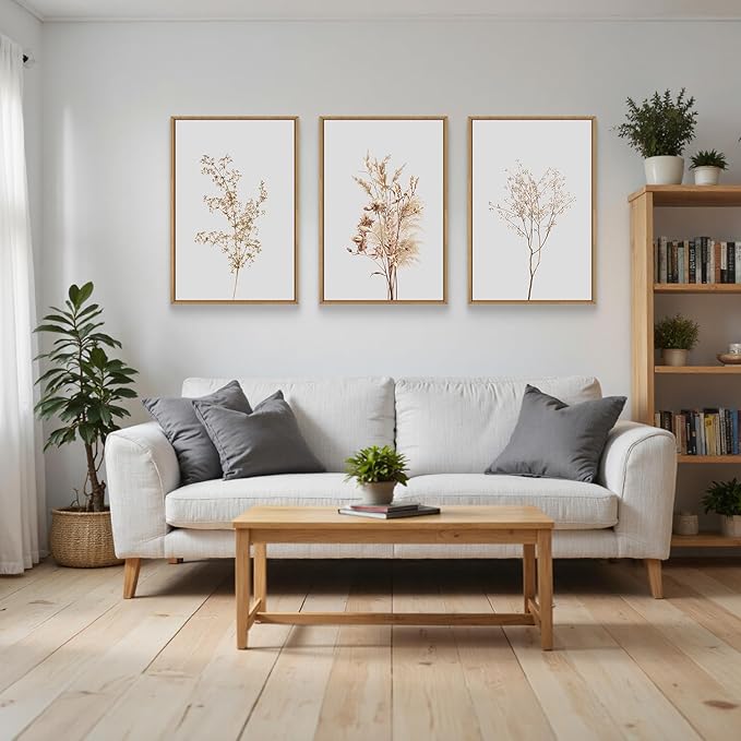 Ausril Wildflower Floral Framed Canvas Wall Art Set, Beige Botanical Wall Decor, Minimalist Nature Flower Wall Painting, Modern Boho Farmhouse Art Print for Living Room, Bedroom, Office- 16"x24"x3