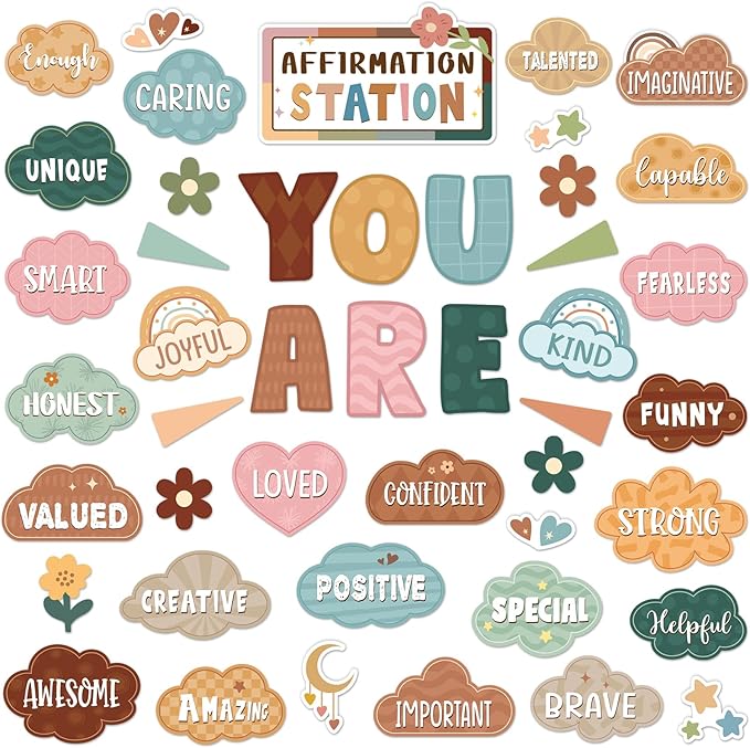 45pcs Classic Boho Bulletin Board Set Motivational Posters Classroom Mirror Growth Mindset Decor Positive Affirmations Accents Cutouts for School Office Home Teacher Wall