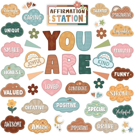 45pcs Classic Boho Bulletin Board Set Motivational Posters Classroom Mirror Growth Mindset Decor Positive Affirmations Accents Cutouts for School Office Home Teacher Wall
