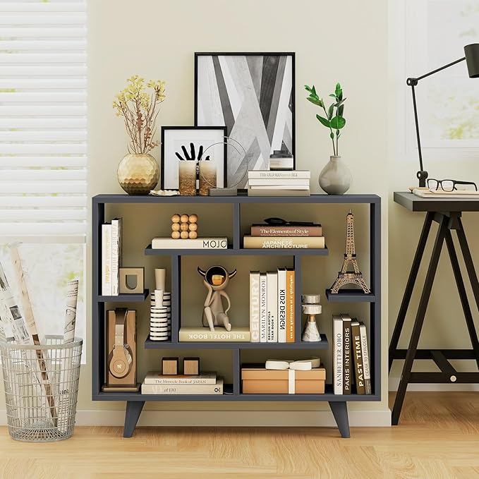 Tangkula Geometric Bookshelf, 3 Tier Modern Freestanding Open Bookcase with Anti-Tipping Devices & Legs, Home Office Decorative Storage Organizer Display Shelf for Living Room Study (Dark Grey)