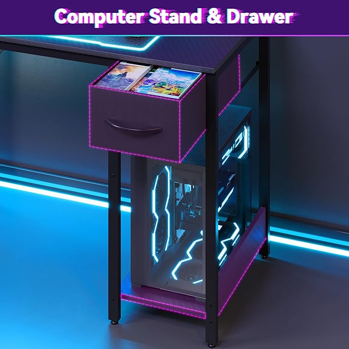 Apicizon L Shaped Gaming Desk 53", Reversible Corner Computer Desk with LED Lights, Carbon Fiber Surface, Pegboard with Hooks, Drawer & PC Tower Stand, USB Charging Port