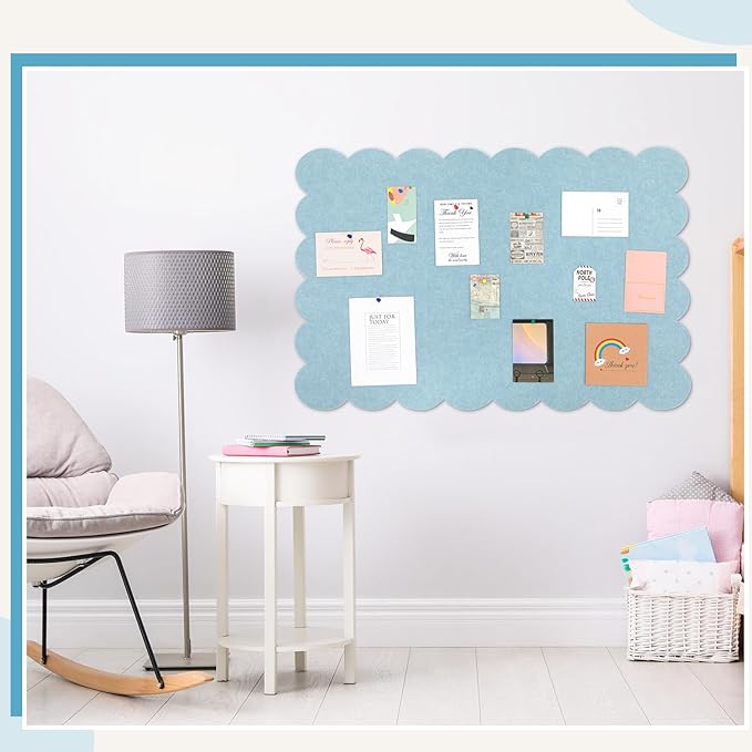 Scalloped Felt Bulletin Board 36 x 24 Inches Foldable Blue Pin Cork Board Alternative for Wall, 3' x 2' Trifold Picture Vision Self Adhesive Bulletin Decorative