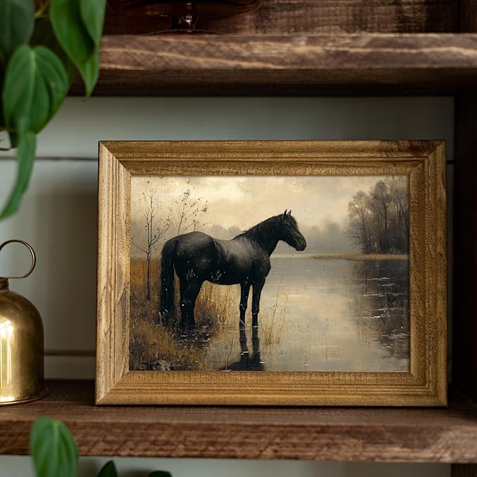 uniro Black Horse Vintage Wall Art Moody Landscape Prints Retro Wall Art Lake Dark Cottagecore Art Foggy Rustic Wall Decor DarkMoodyWallArt(8" x 10"-UNFRAMED)