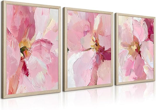 Abstract Floral Wall Art Pink Flower Canvas Pictures Modern Wall Decor Blush Pastel Pink Prints Peony Painting Minimalist Poster Botanical Artwork for Bedroom Living Room 16x24x3 Inch Wood Framed