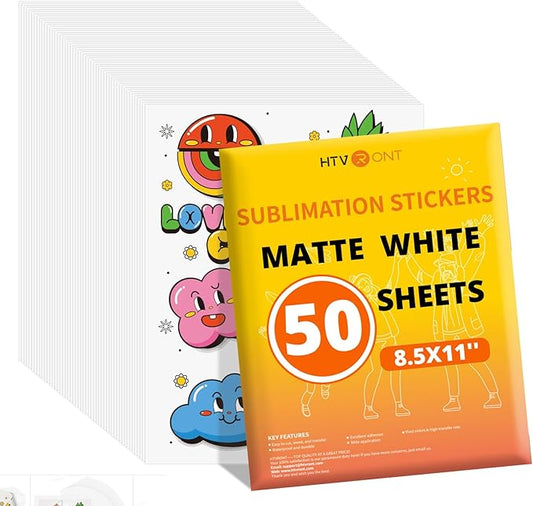 HTVRONT Sublimation Sticker Paper - 50 Pcs Matte Waterproof Sublimation Stickers 8.5 * 11in for Decoration (White)