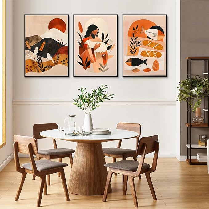 3Pcs Jesus Canvas Wall Art Boho Retro Art Home Posters Prints Jesus Feeds The 5000 Christian Abstract Pictures Wall Decor for Living Room Bedroom Church Decoration Unframed