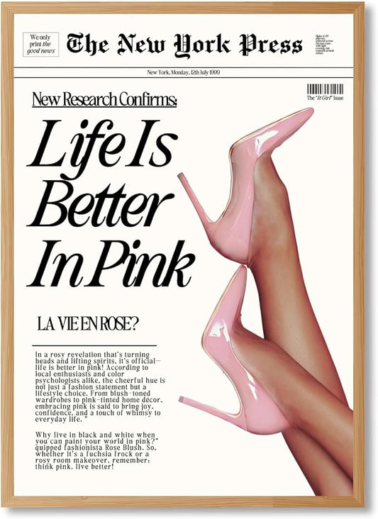 Trendy Baby Pink Hot Girl Poster Life Is Better In Pink Newspaper Wall Art Retro High Heel Picture 70s News Headline Canvas Prints Aesthetic Decor for Girly Bedroom Dorm 24x36inch Wood Color Framed
