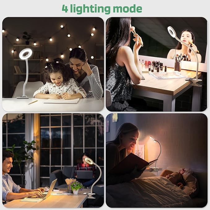 GLORIOUS-LITE LED Clip on Light, 36 LED Eye-Caring Reading Lamp for Dorm Room, 360° Flexible Gooseneck with 4 Color Modes, Dimmable Book Light for Bed, Desk, Headboard, Computer (White)