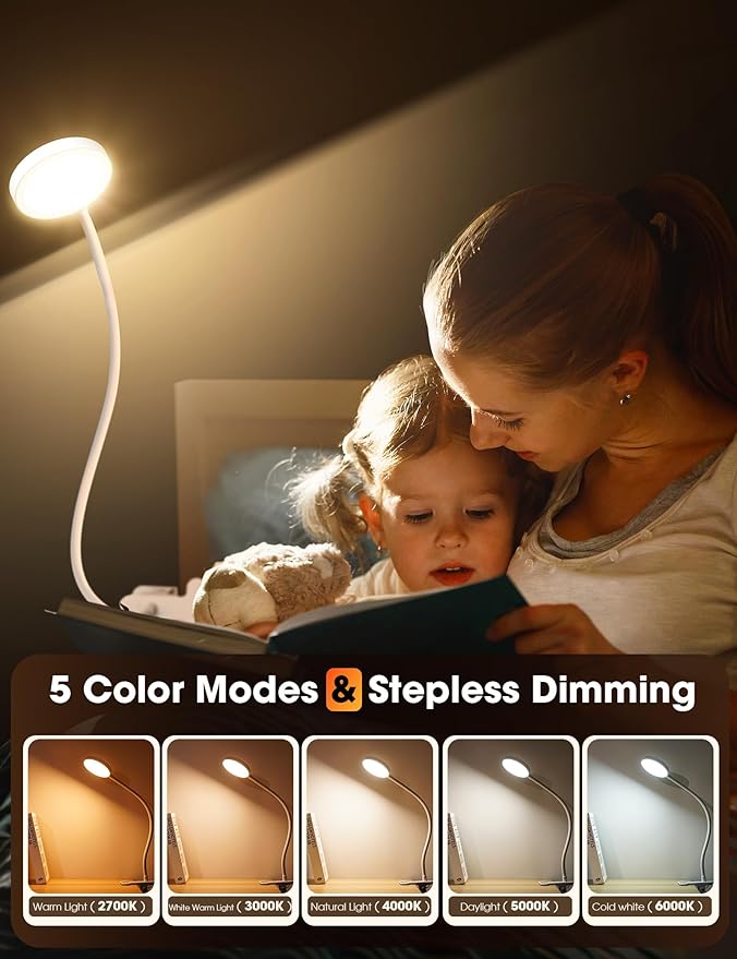 Bed Lamp Clip on Light 8W 66 LED Reading Light for Bed, 5 Colors 10 Brightness Dimmable, Eye Caring Metal Reading Lamp, Clip lamp for Bed Headboard Desk Home Office Dorm(White)