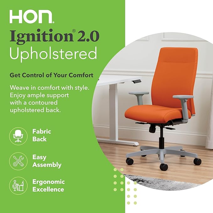 HON Ignition 2.0 Fabric Office Chair, Upholstered, Adjustable Arms, Standard Synchro-Tilt Recline Executive Ergonomic Office Chair, Titanium Frame, Apricot