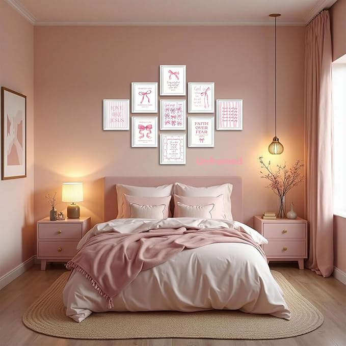 Pink Bow Jesus Bible Canvas Wall Art Set of 9, Coquette Trendy Preppy Aesthetic Girl Posters Prints Wall Decor, Christian scripture Lovers Gifts for Home Decor Living Room Bedroom 8x10In Unframed