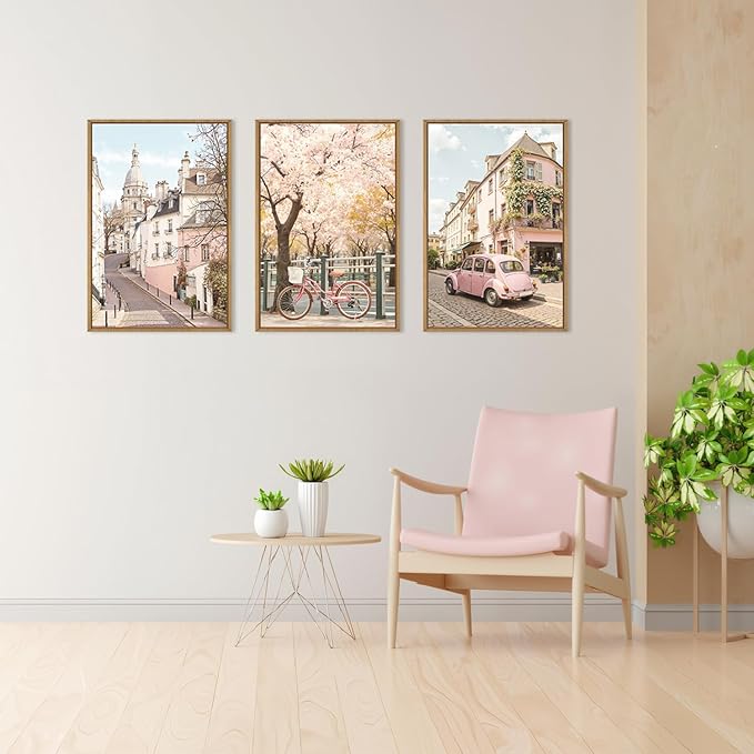 Ausril Italy Pink Cityscape Framed Canvas Wall Art Set, Romantic Flower Street Wall Decor, Vintage Travel City Wall Painting, Italian Pink Bike Art Prints for Living Room, Bedroom, Office - 24"X36"X3