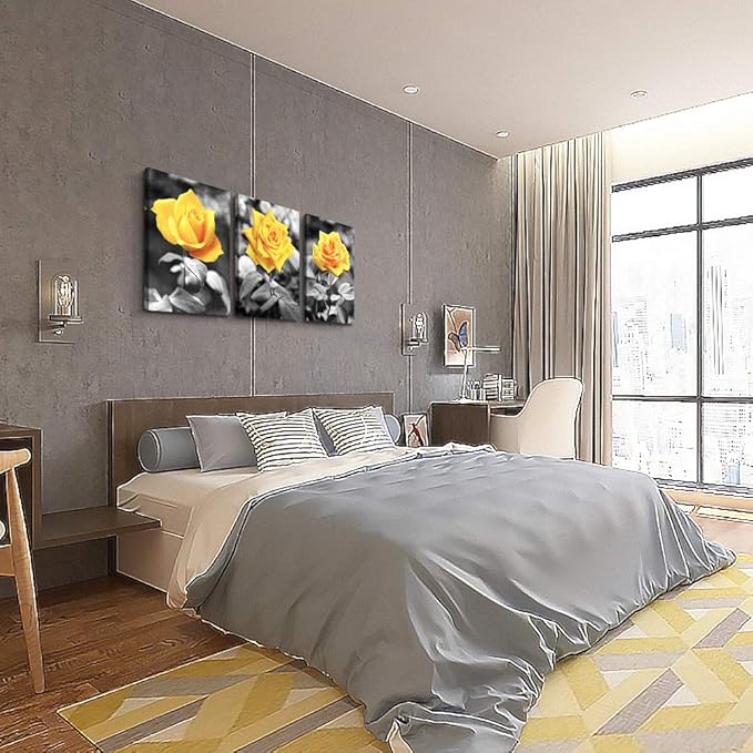 Canvas Wall Art For Bedroom Living Room Wall Decor For Kitchen Office Wall Pictures Artwork Black And White Yellow Rose Flowers Paintings 20" X 28" 3 Pieces Framed Modern Bathroom Home Decor