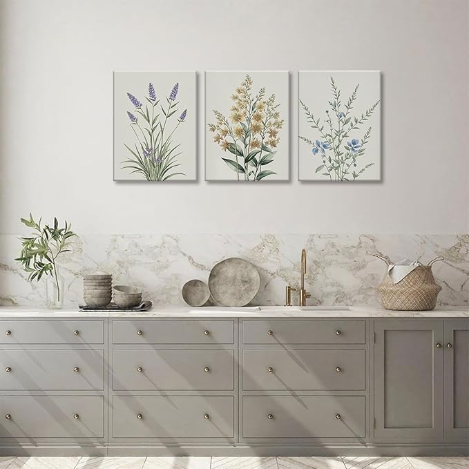 TUEASKY 3 Piece Canvas Wall Art Wildflower Wall Decor Botanical Pictures Floral Paintings Watercolor Prints Minimalist Artwork for Bedroom Bathroom Living Room