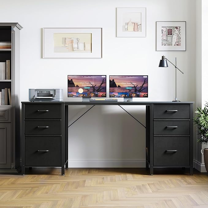 ODK 63 Inch Office Desk with 6 Fabric Drawers, Large Computer Desk for Home Office with Hidden Storage Shelves, Black