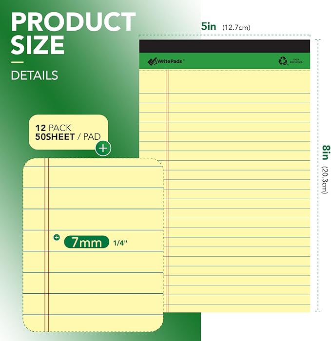 KAISA Yellow Legal Pads 12Pads 600 Sheets Writing Pads Recycled Paper 5"x8" Norrow Ruled Lined Paper Small Legal pad Perforated 50 sheets/pad Notepads Writing Tablet Canary For Office Supplies (Canary 12pads)