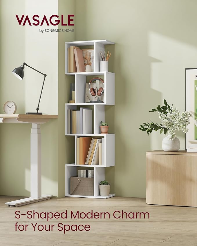 VASAGLE Bookshelf, 5-Tier Bookcase, 9.4 x 15.7 x 62.6 Inches, Storage Shelf with Open Compartments, Modern Style, for Living Room, Bedroom, Office, Matte White ULBC462W01