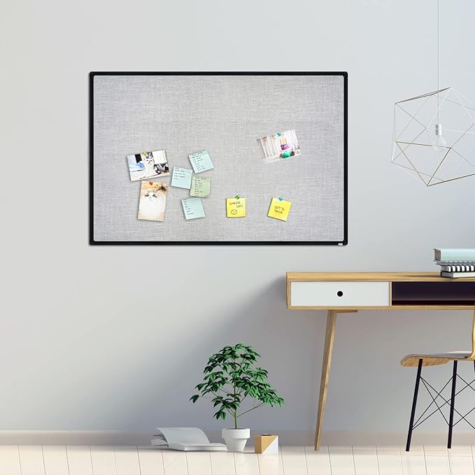 JILoffice Cork Linen Bulletin Board 36 X 24 Inch (Grey), Black Aluminum Frame Wall Mounted Board Memo Pin Board for Office Home and School