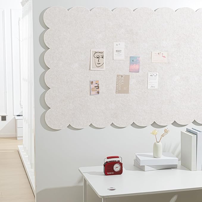 Scalloped Felt Bulletin Board 72 x 48 Inches Foldable Beige Pin Cork Board Alternative for Wall, 6' x 4' Trifold Picture Vision Self Adhesive Bulletin Decorative