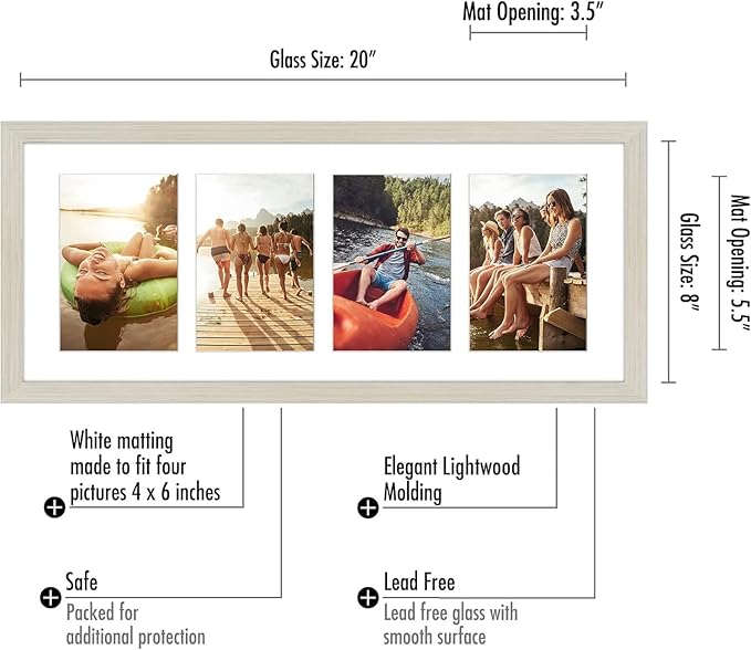 Americanflat 4x6 Collage Picture Frame with Shatter-Resistant Glass - Fits Four 4x6 Photos or Use as One 8x20 Picture Frame - Signature Collection - Collage Frames for Wall Display- Light Wood