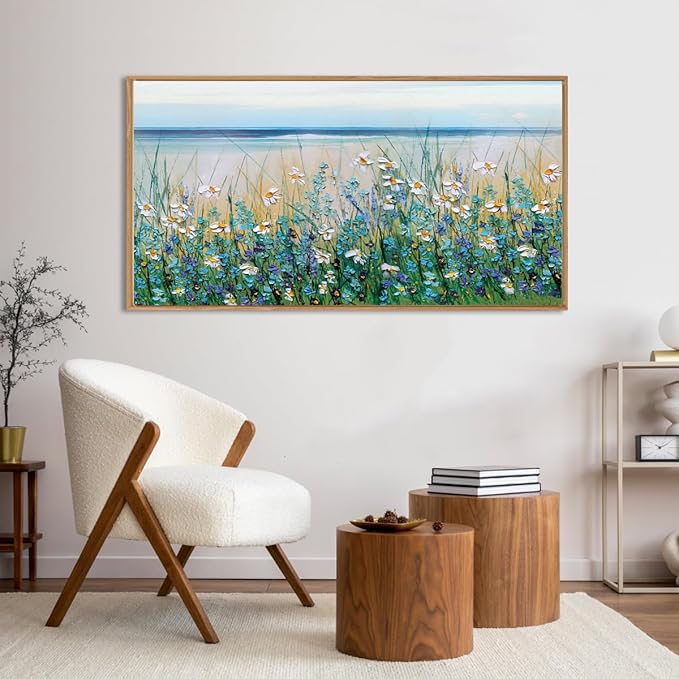 BINCUE Large Blue Seaside Floral Framed Wall Art,Nature Blue Flower Canvas Wall Decor,Wildflower Artwork Blossom Botanical,Flower Sea Landscape Daisy Paingting for Living Room Bedroom Home 20''x40''